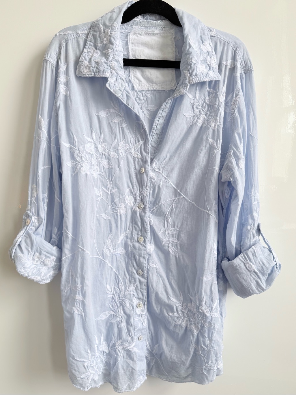 Cino Martinique Light Blue Floral Embroidered Crinkle Cotton Shirt